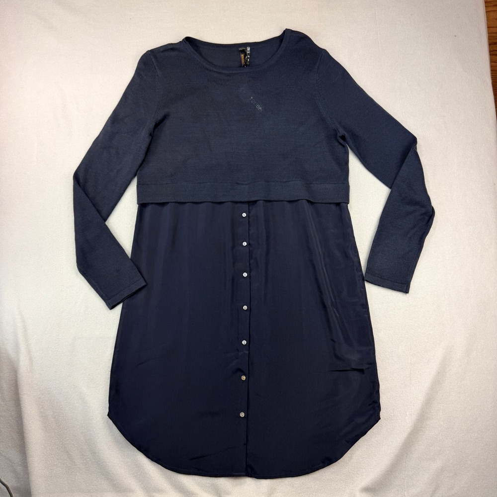 Renee C Navy Blue Mixed Media Sweater Tunic Top Long Sleeve CHRC1401 Large NWT